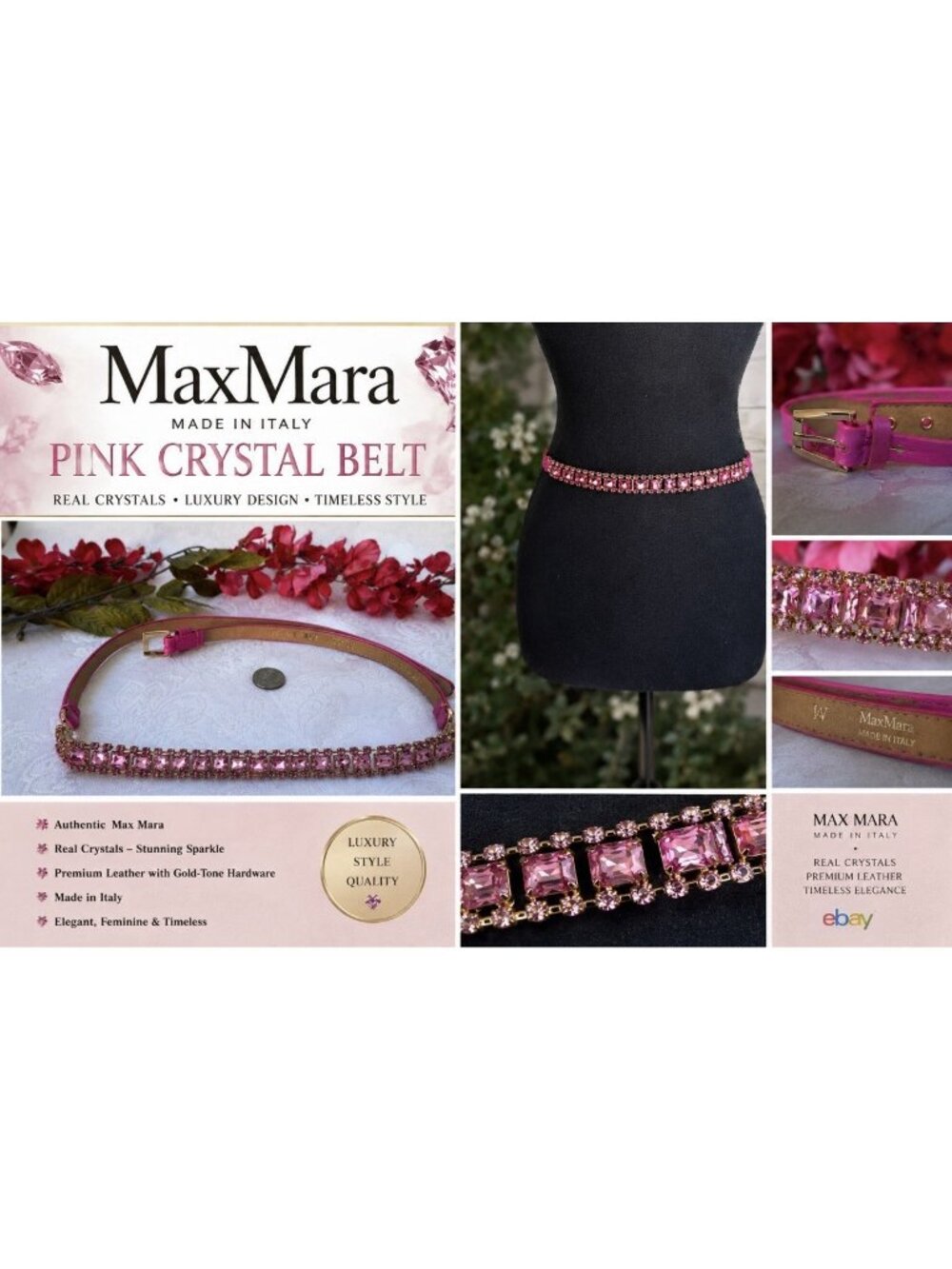 MAX MARA ITALY Thin Pink Crystal Satin Leather Belt M Medium 29-31" NEW